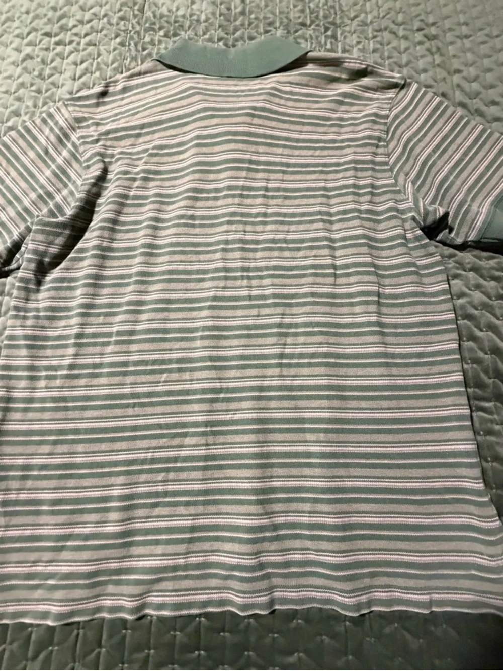 L.L. Bean striped polo shirt short-sleeved green, white, tan‎ 100% cotton, large